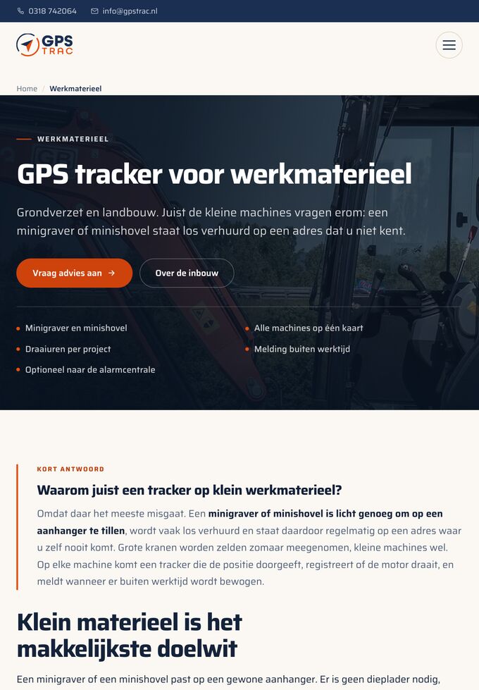 GPS Trac op een tablet, de pagina over werkmaterieel