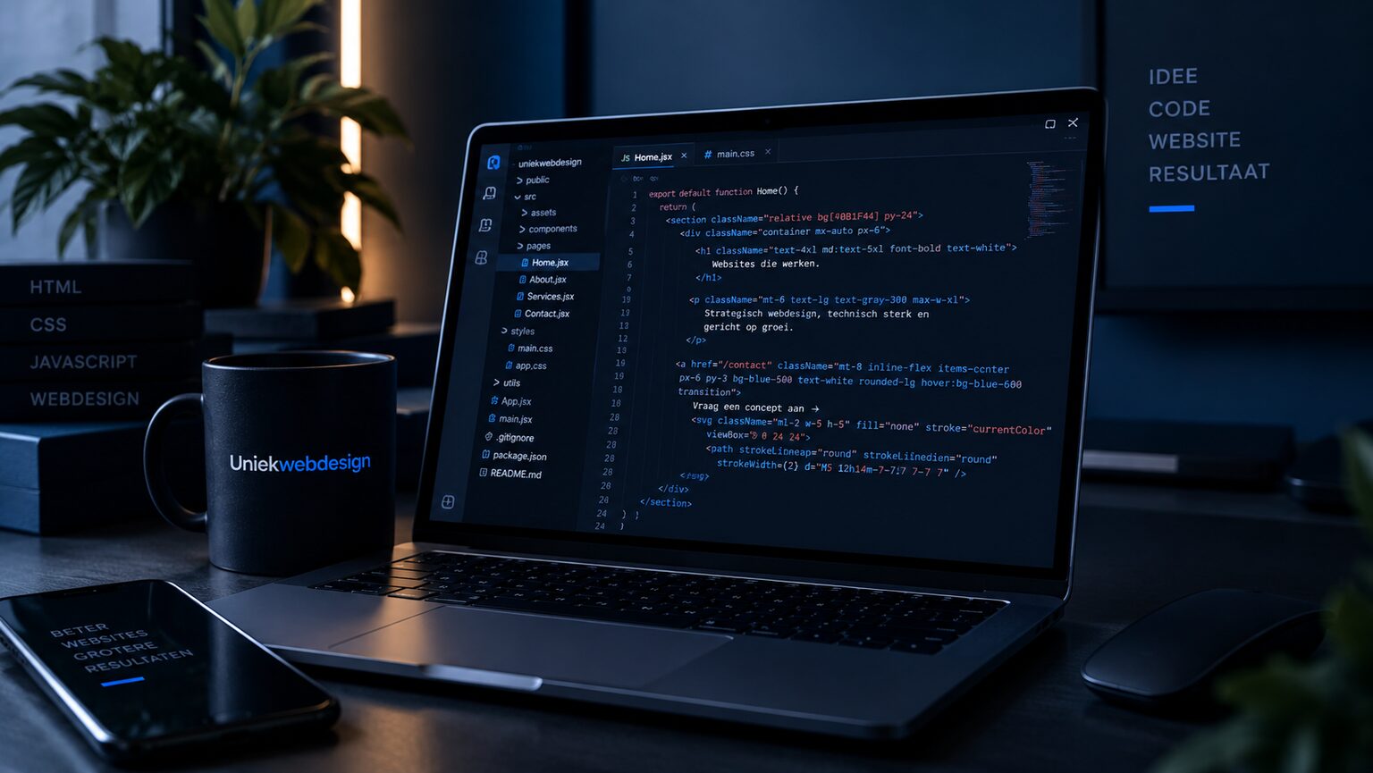 De code van een website in de editor, met de bestanden ernaast