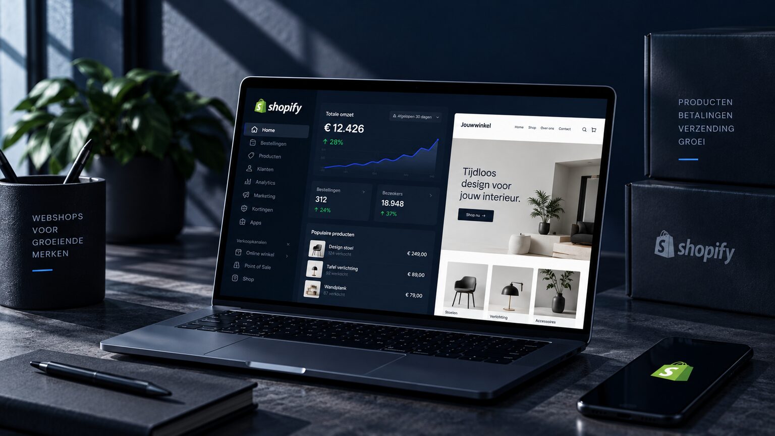 Een Shopify-beheerscherm naast de winkel zelf, met omzet, bestellingen en populaire producten